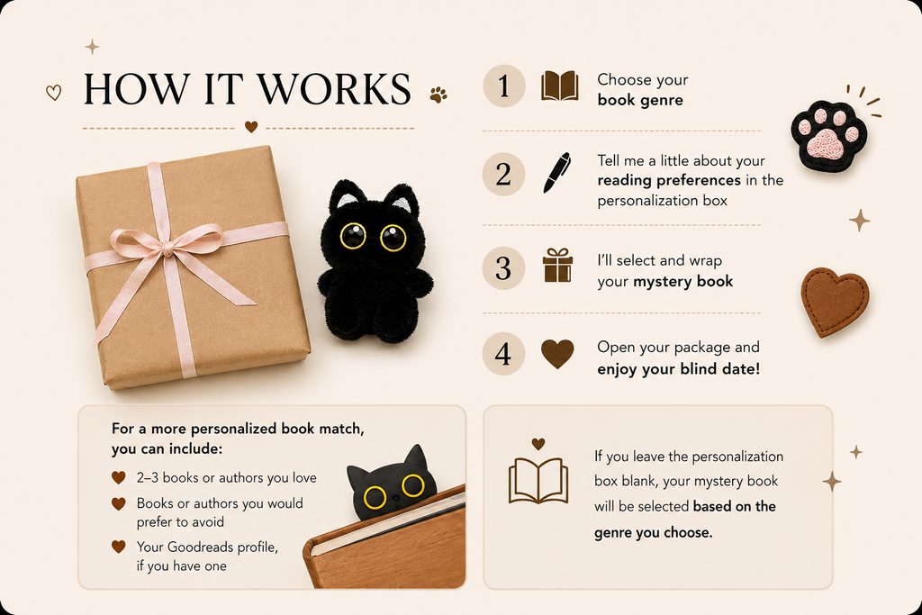 Blind Date With a Book Gift Box, Mystery Book & Cat Accessories (Choose Genre)