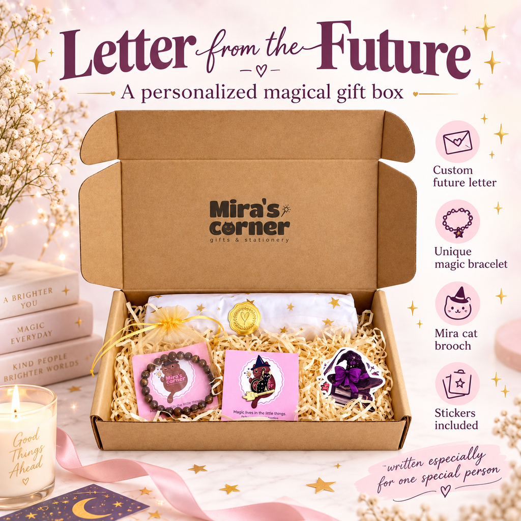 Letter from the Future Gift Box, Personalized Magical Letter, Unique Bracelet & Cat Brooch, Meaningful Gift for Her