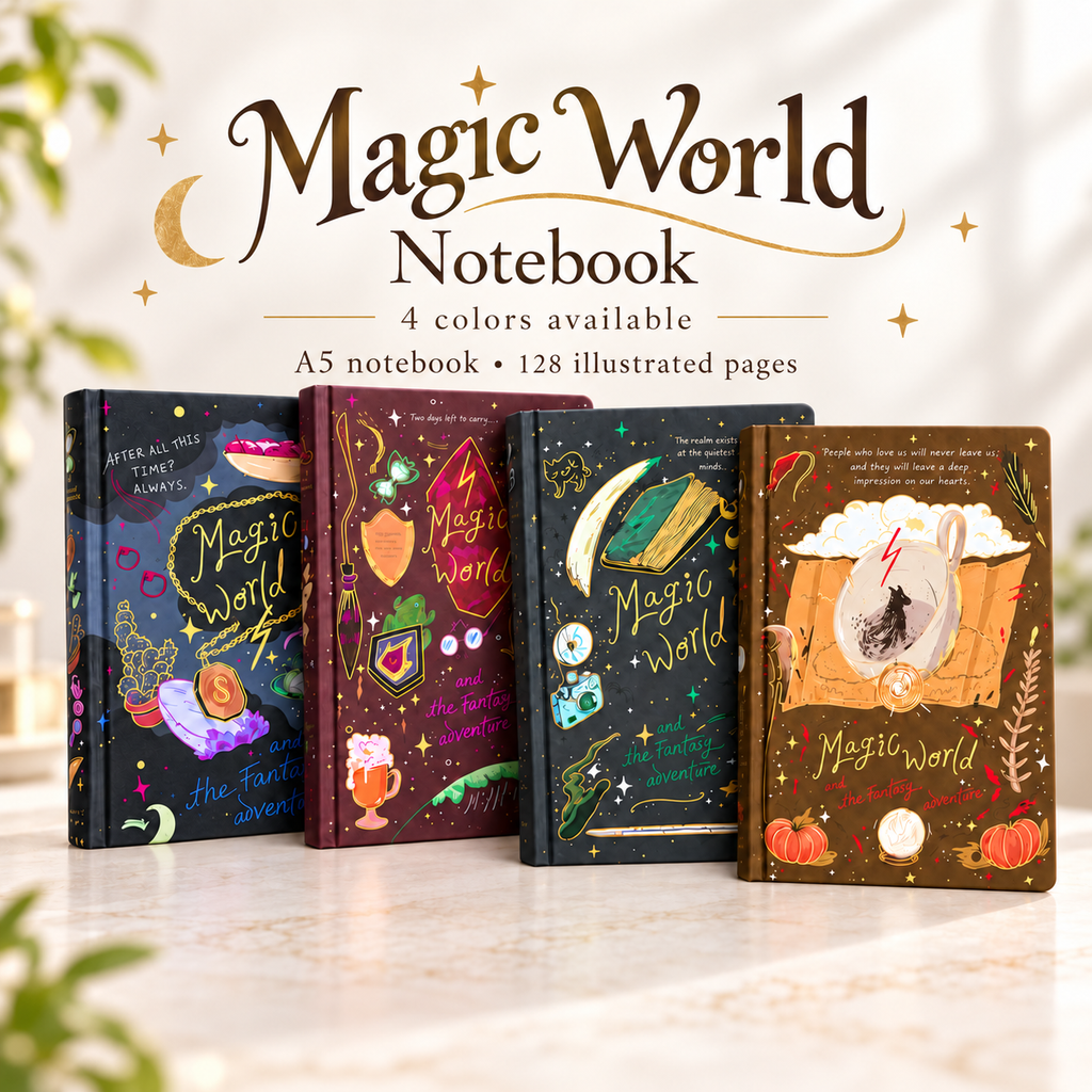 MMagic World A5 Notebook, Illustrated Fantasy Journal, 128 Page Hardcover Notebook, Magical Journaling Diary, Witchy Gift for Book Lovers