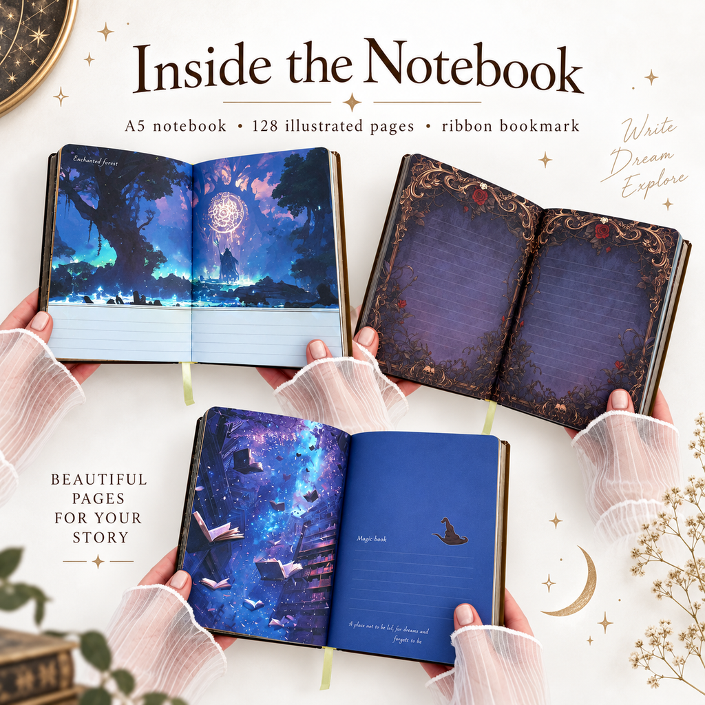 MMagic World A5 Notebook, Illustrated Fantasy Journal, 128 Page Hardcover Notebook, Magical Journaling Diary, Witchy Gift for Book Lovers