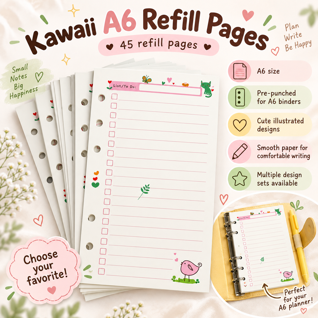 A6 Planner Refill Pages – Kawaii Illustrated Binder Inserts, Pre-Punched Planner Paper, Multiple Designs
