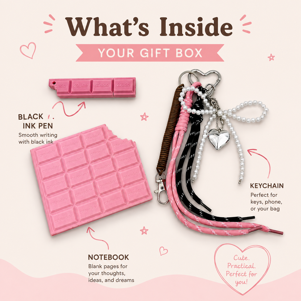 Chocolate Bar Notebook Gift Set, Pen & Keychain, Teen Girl Stationery (3 Colors)