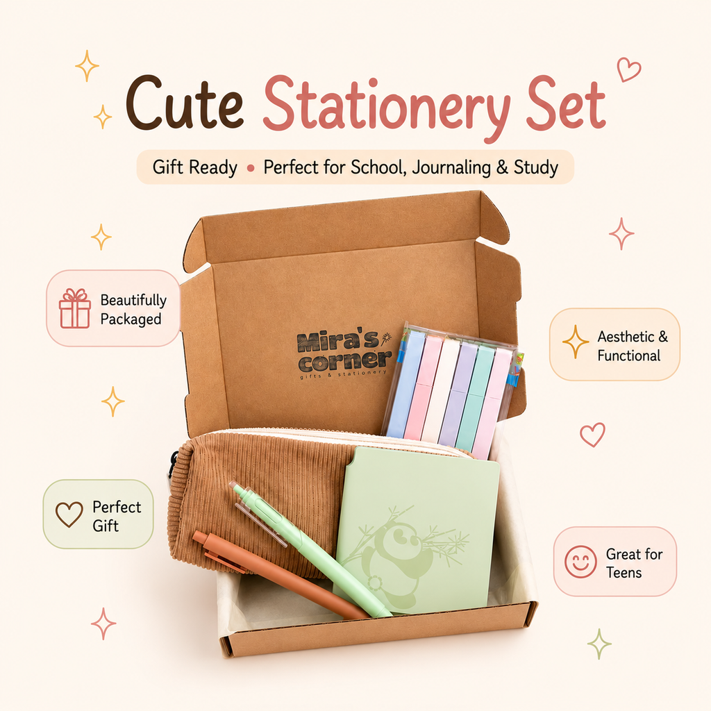 Pastel Stationery Set, Panda Notebook, Highlighters, Pens, Stickers, Pencil Pouch