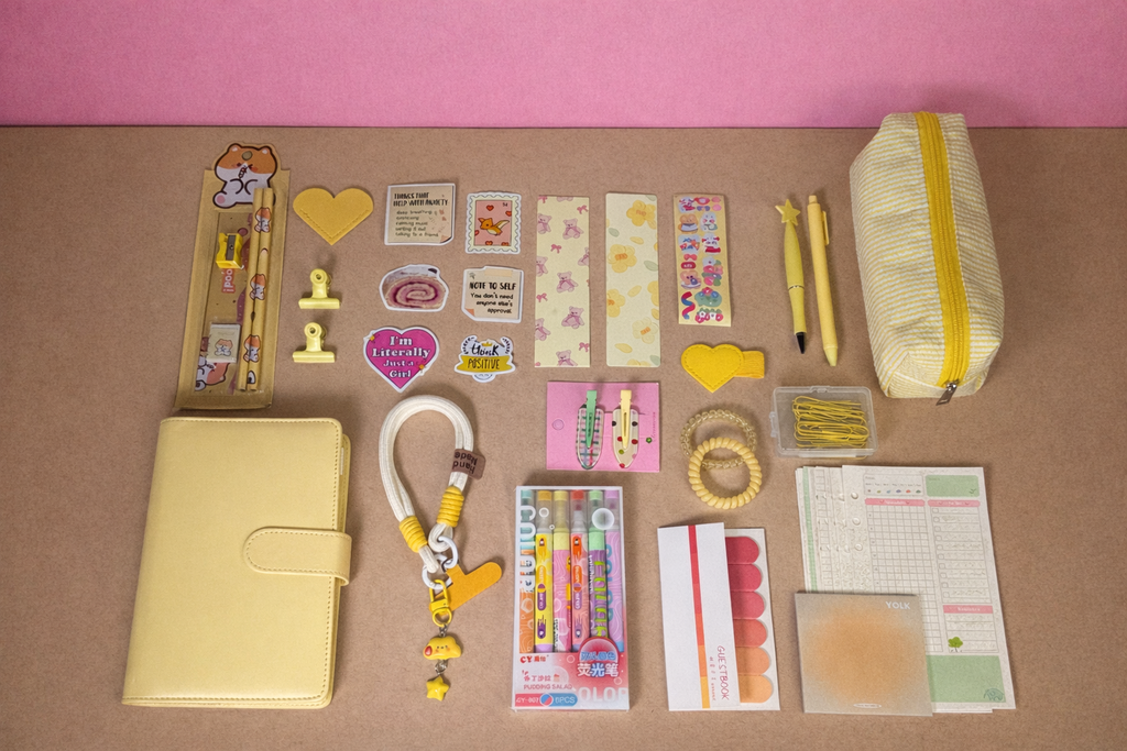 Yellow Stationery Set — Notebook, Pens, Markers & Planner Accessories