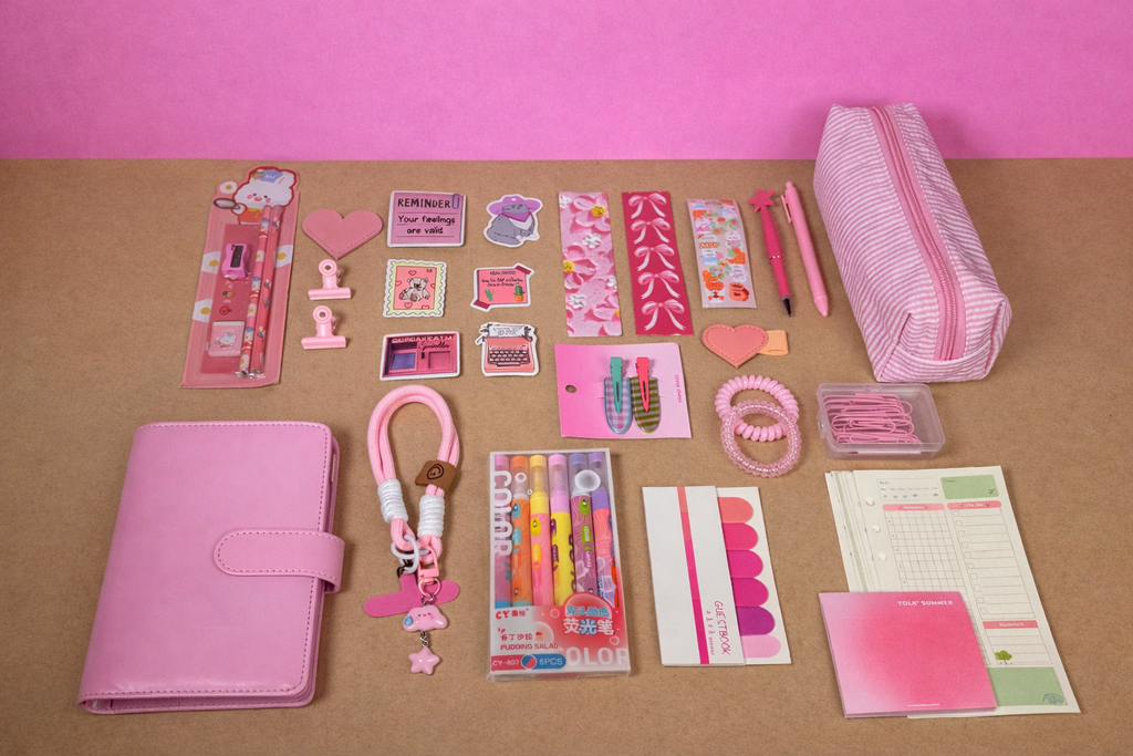 Pink Stationery Set — Notebook, Pens, Markers & Planner Accessories