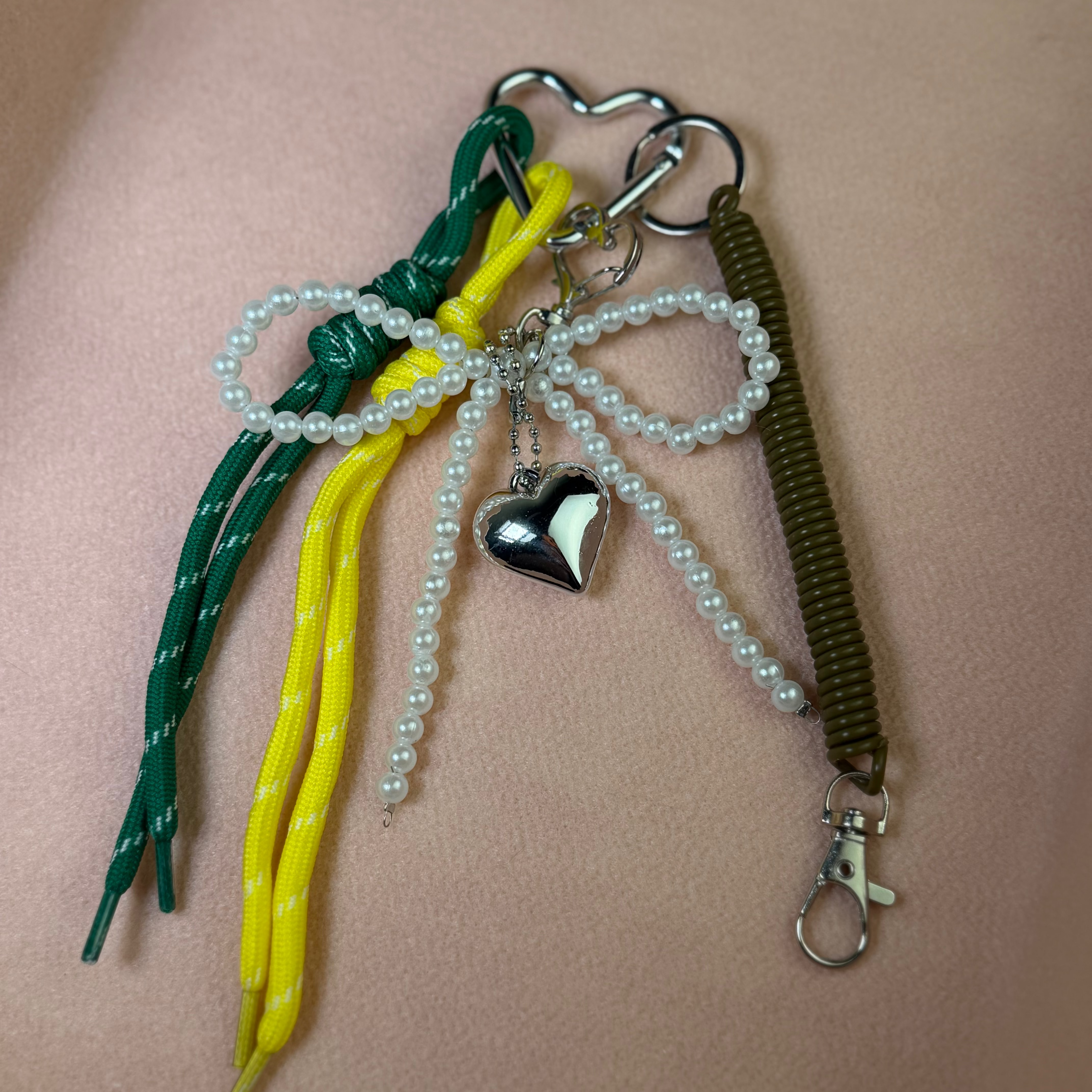 Aesthetic Charm Keychain | Pearl Bow & Heart Bag Charm (yellow&green)