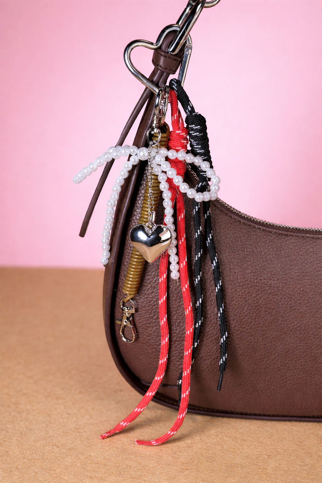 Minimal Heart Bag Charm — Pearl Bow Aesthetic Keychain