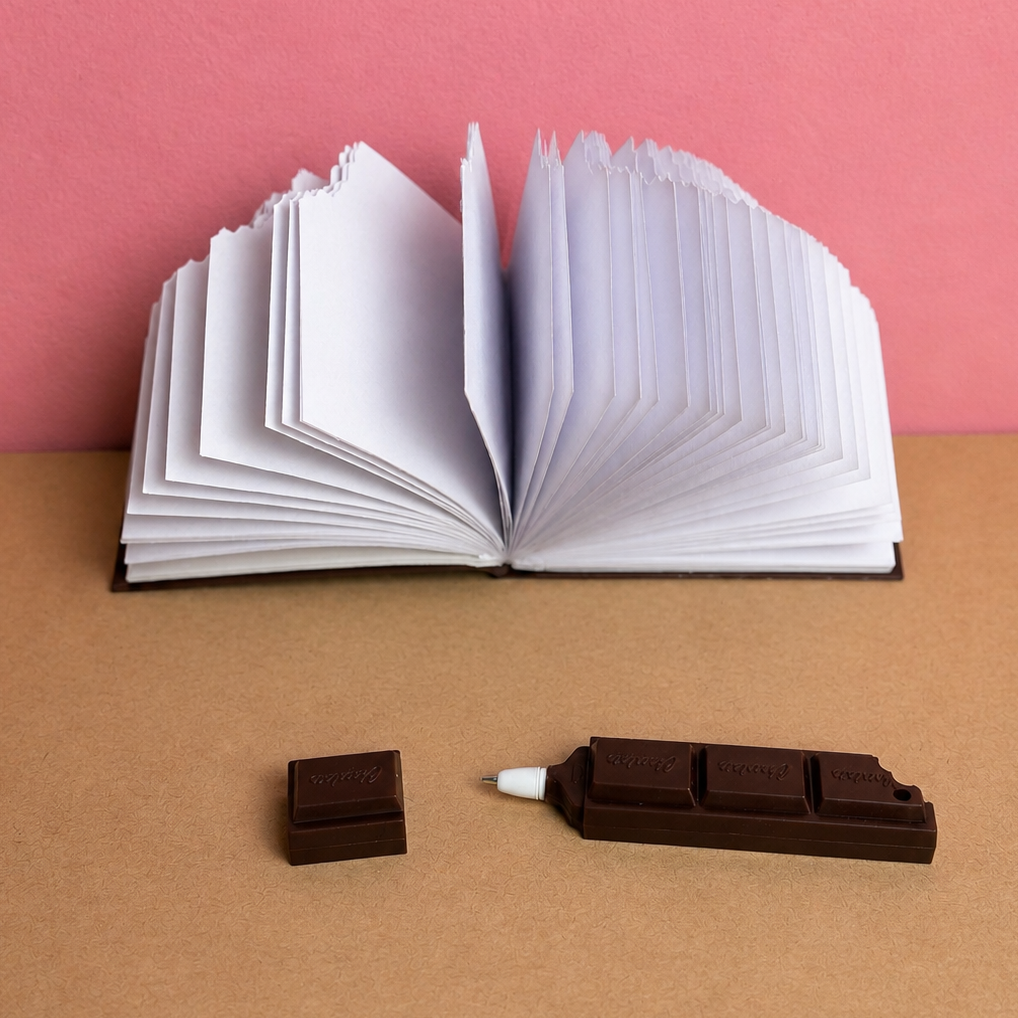 Chocolate Stationery Gift Box — Notebook, Pen & Bag Charm Set