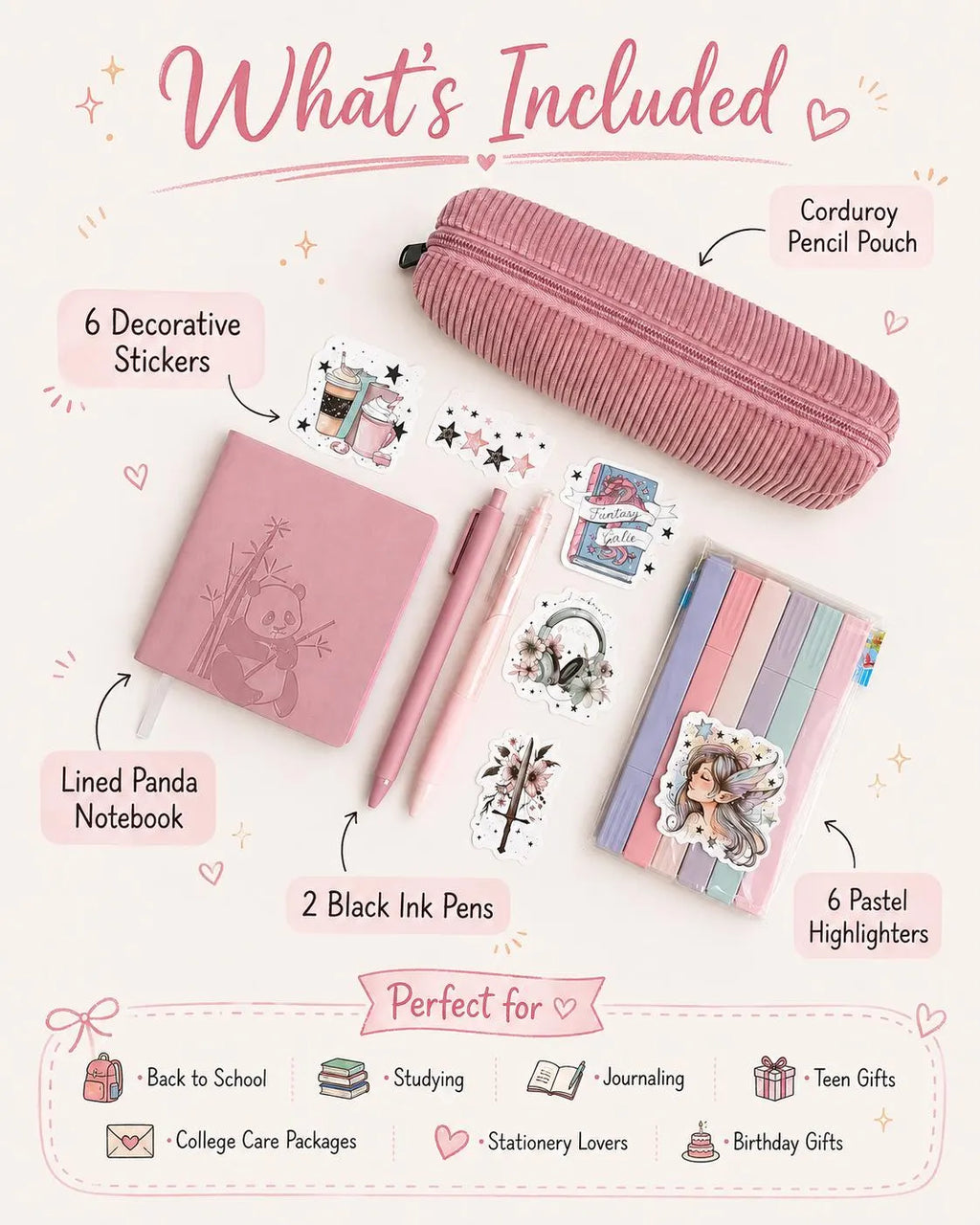 Pastel Stationery Set, Panda Notebook, Highlighters, Pens, Stickers, Pencil Pouch