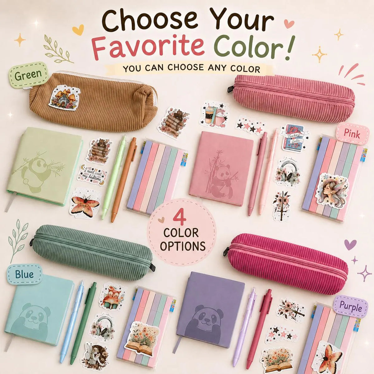 Pastel Stationery Set, Panda Notebook, Highlighters, Pens, Stickers, Pencil Pouch
